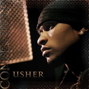 Album cover for Usher's "Confessions", which features him sitting in a dark room illuminated by a slight orange glow from the window on the right. The picture is a side profile taking from the left.