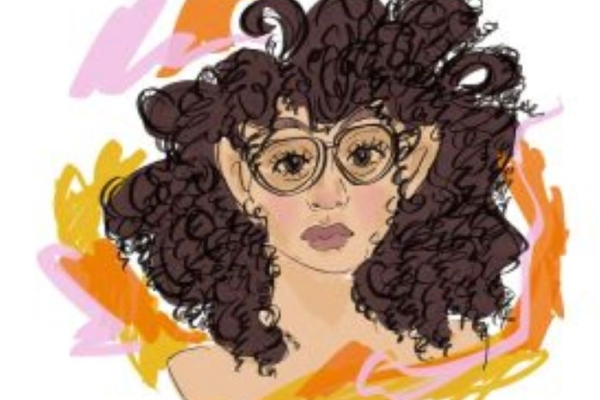 drawing of myself with brown curly hair, glasses, and pink, orange, and yellow ribbons around my face"
