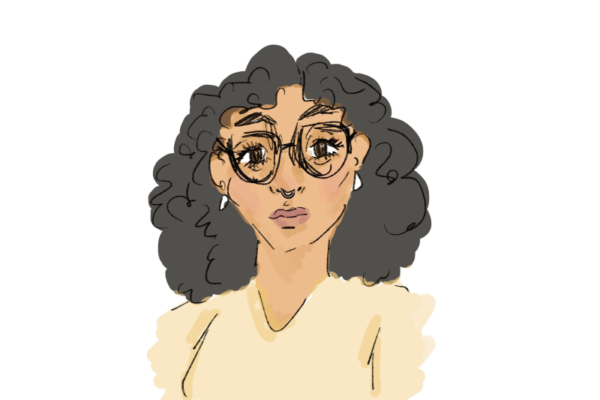 drawing of myself with black curly hair, glasses, and a beige shirt